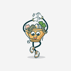 A happy noodle bowl character joyfully dances
