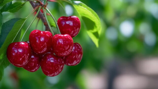 Vibrant red cherries glisten on a branch, framed by sunlit leaves in a serene summer orchard setting.