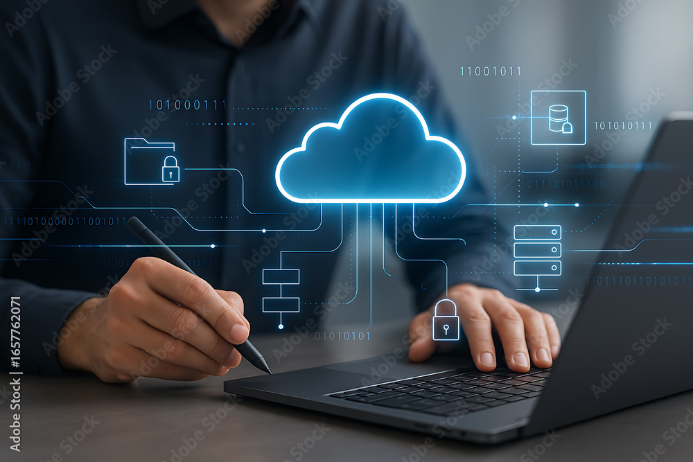 Poster businessman working on laptop with cloud computing and data security icons for digital transformatio