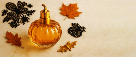 Round orange transparent glass bottle in the shape of a pumpkin with perfume, on a light background, Halloween holiday card