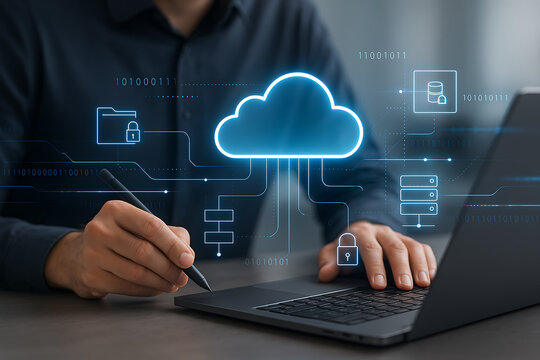 Businessman working on laptop with cloud computing and data security icons for digital transformation and secure cloud services