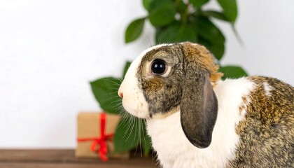 Close-up profile view of a fluffy, tri-colored rabbit, with white, brown, and gray fur, set against a bright white backdrop and a decorative plant.