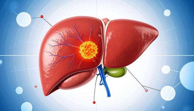 Anatomical illustration of a human liver with a glowing tumor or lesion highlighted on its surface, representing a medical condition.