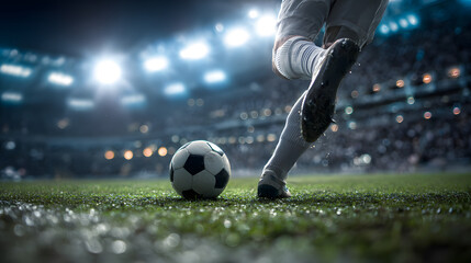 Footballer kicking soccer ball on pitch inside modern football stadium ground, sport design background