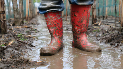A farmer in rubber boots is stuck in the mud on a flooded plantation after a heavy rain storm.