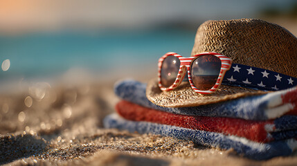 Customize Patriotic American flag hat, sunglasses and folded towel July 4 beach. Happy 4th of July beach chilling on the beach vacation day
