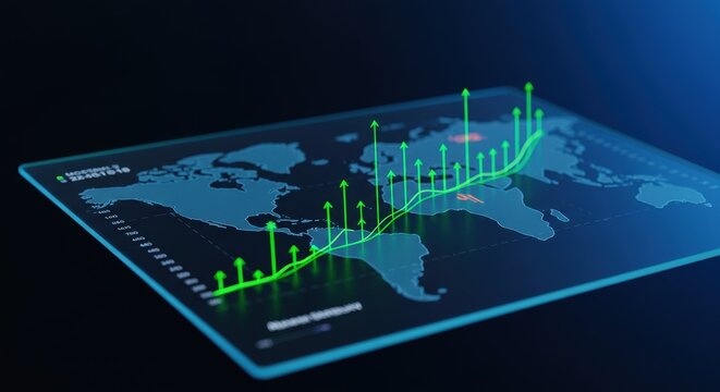 Global Financial Growth Chart with Green Arrows on World Map.