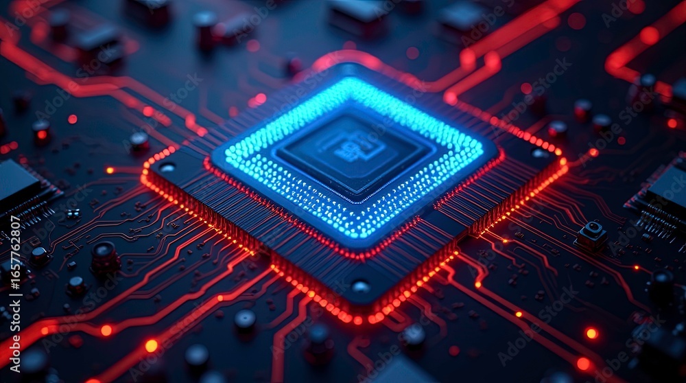 Poster advanced electronic circuit board with a central microchip, glowing red trace and futuristic lightin