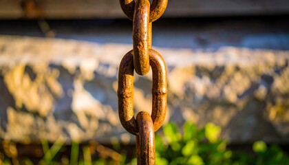 Close-up view of a rusty metal chain link, showcasing the details of the weathered texture and links.