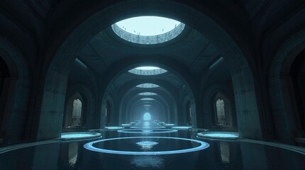 Obraz premium A vast sci-fi corridor filled partially with water featuring glowing blue circular platforms, AI generative