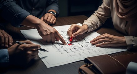 Obraz premium Architects and engineers in a strategic meeting, collaborating on a detailed building blueprint with a focus on a specific point.