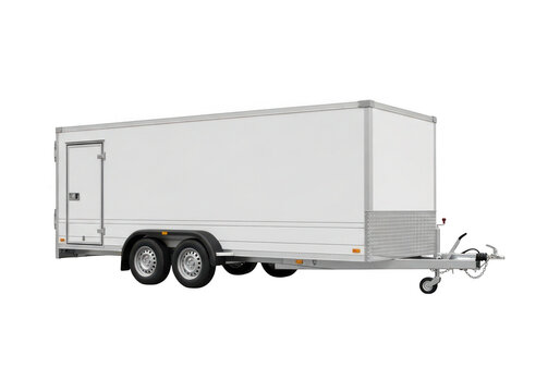 White cargo trailer with double axles isolated on transparent background