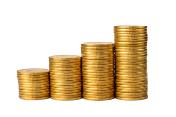 Golden coins isolated on white background. Stacks of shiny coins isolated on transparent background