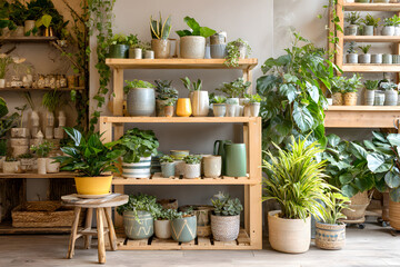 Fototapeta premium Shelf with many different houseplants in store
