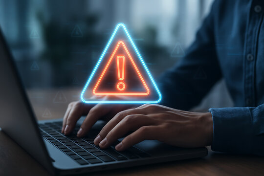 Cybersecurity warning alert with holographic red exclamation triangle icon showing online risk, threat signal and digital danger prevention