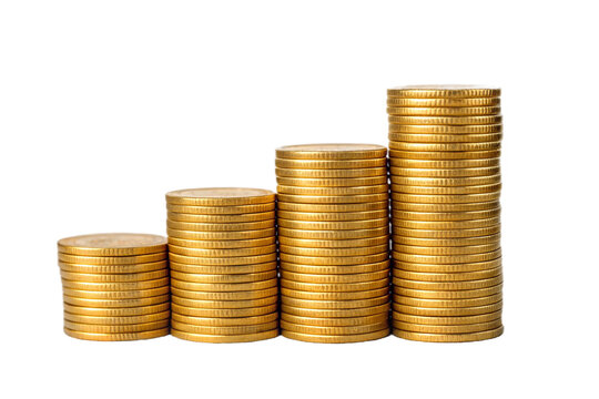 Golden coins isolated on white background. Stacks of shiny coins isolated on transparent background