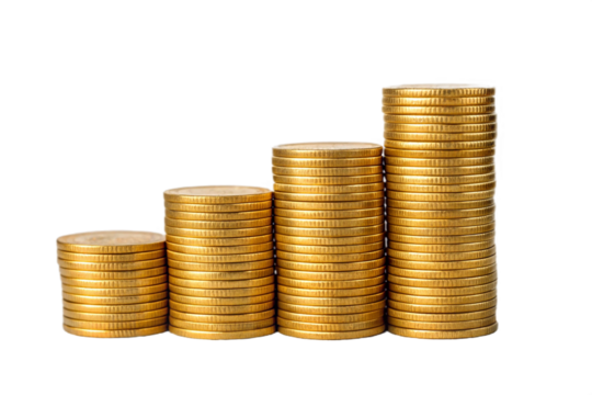 Golden coins isolated on white background. Stacks of shiny coins isolated on transparent background