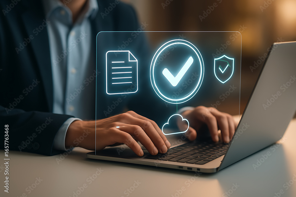 Poster digital data security and cloud technology verification with hologram icons for online protection, p