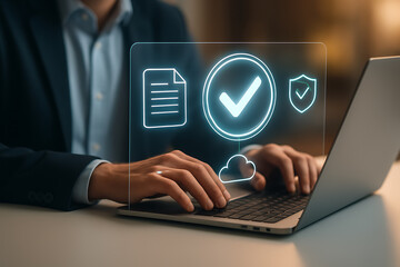 Digital data security and cloud technology verification with hologram icons for online protection, privacy, and secure business solutions