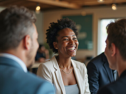 Smiling black woman interacting with colleagues in a modern office setting, representing the integration of technology in workplaces for a diverse aging population