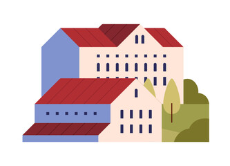 Houses in geometric landscape of suburb. Municipal or residential buildings in suburban city district. Urban townhouses in cityscape, little town. Flat isolated vector illustration on white background