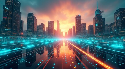 A cityscape at dusk with a network of glowing blue lines overlaid on the road. AI Generative