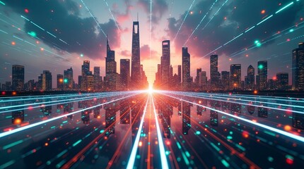 A cityscape at dusk with a network of glowing blue lines overlaid on the road. AI Generative