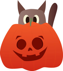 Cartoon Cat Behind Halloween Pumpkin