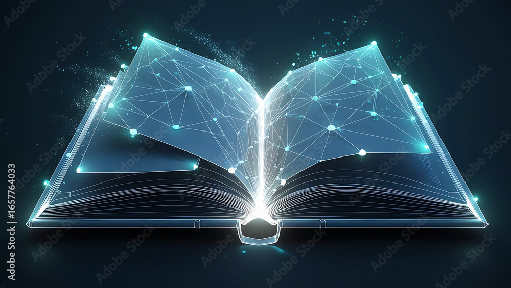Poster an open book glowing with digital light and particles symbolizing knowledge and technology