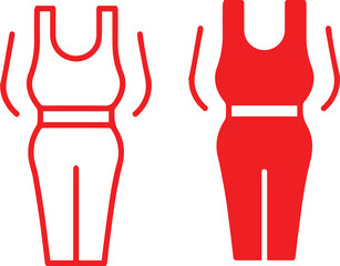 full body athletic jumpsuit icon, minimalist flat design, bold red color, simple geometric shapes, athletic apparel