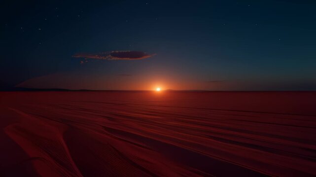 Red desert at sunset with rippled sand and shifting shadows