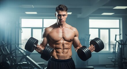 Young handsome sportsman, bodybuilder, weightlifter with an ideal body, after coaching poses in front of the camera, abdominal muscles, biceps triceps. In sportswear