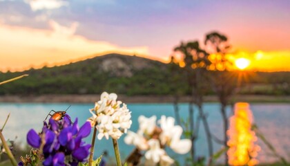 Fototapeta premium Sunset over lake with flowers