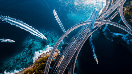 Dynamic aerial view of coastal road intersecting with blue waters and boats during daytime