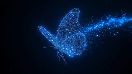 Abstract glowing blue butterfly made of sparkling particles against a dark background with a trail of light