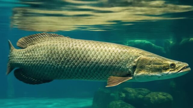 The large Arapaima fish, which is endemic to the Amazon, swims gracefully. AI video