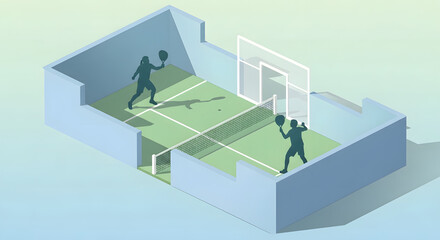 Two silhouetted figures engage in a game of pickleball on an indoor court, with a net dividing the playing area and shadows cast on the green surface.