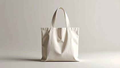 A clean studio shot captures a minimalist off-white canvas tote bag standing upright, ready for branding mockup against a seamless neutral background.