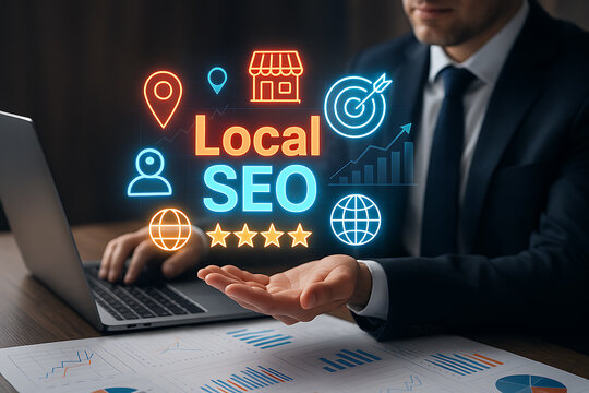Local seo marketing strategy with holographic icons showing map location, business growth, customer targeting and online search ranking