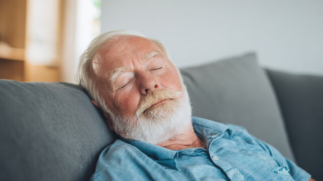 Close up of tired senior man lying sofa home with peaceful - Powered by Adobe