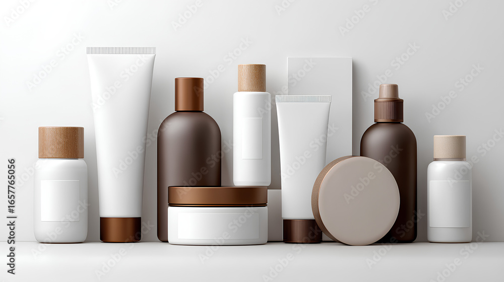 Poster assorted cosmetic containers including tubes, jars, and bottles arranged aesthetically on a white ba