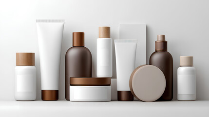 assorted cosmetic containers including tubes, jars, and bottles arranged aesthetically on a white background with empty label spaces