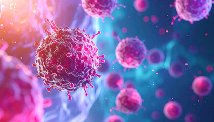 A vibrant 3d rendering shows dangerous magenta virus particles floating and multiplying within an abstract blue microscopic environment, evoking an alarming mood.