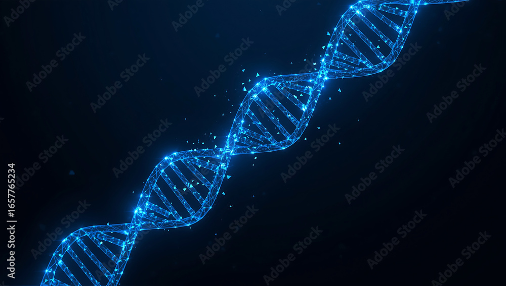 Aufkleber abstract glowing blue digital dna helix structure with interconnected nodes on a dark background rep