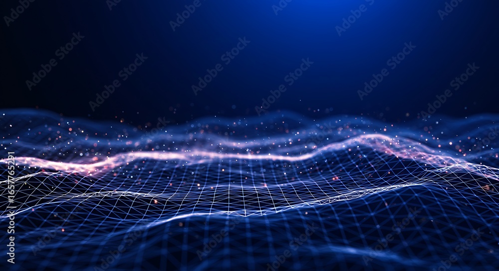Poster futuristic digital landscape with a glowing particle wave and abstract technology network grid on a 