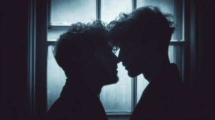 Two men in silhouette share intimate moment by window