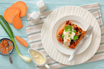 sweet potato casserole with bacon, cheese, onion