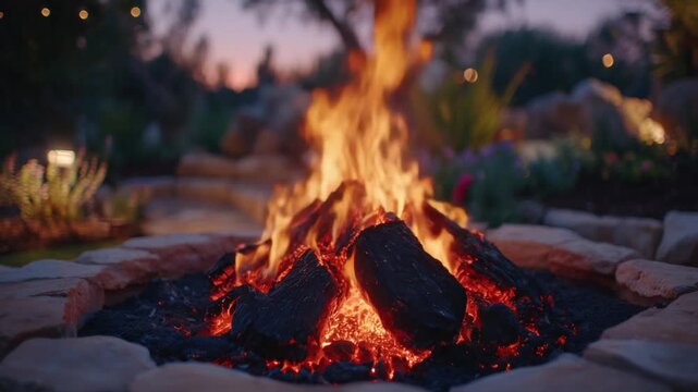 Captivating overhead view of a glowing fire pit with vibrant flames and logs, set against a garden patio backdrop.