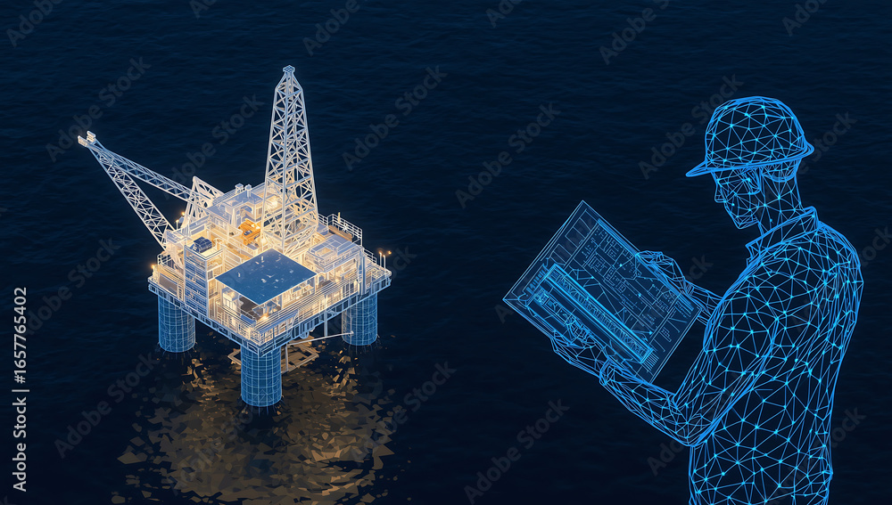 Aufkleber digital construction worker reviewing blueprint of futuristic architectural structure illuminated wi