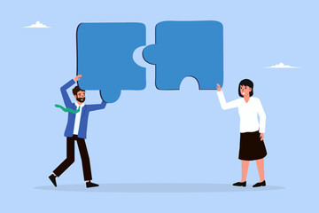 Partners connect puzzle pieces: metaphor for successful teamwork. Cooperation, solving problems, and overcoming challenges together.